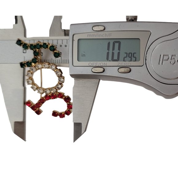 Gold Tone Red Green Clear Prong Rhinestone JOY Brooch Pin K827 - Picture 5 of 7